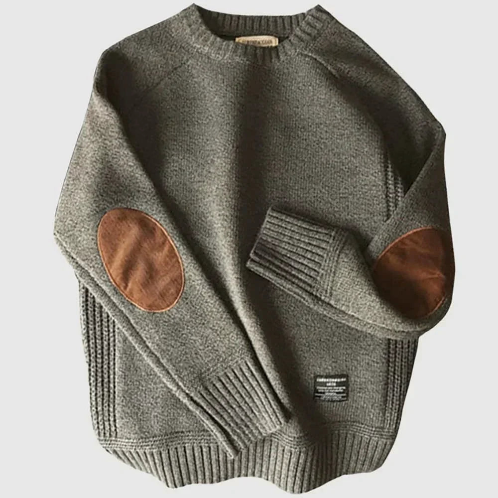 Men's Crew Neck Elbow Patch Knit Sweater