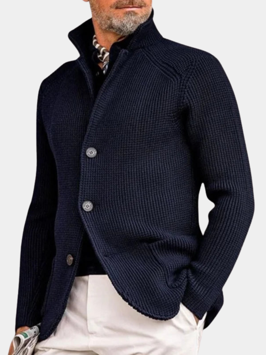 Men's Ribbed Stand Collar Button Cardigan