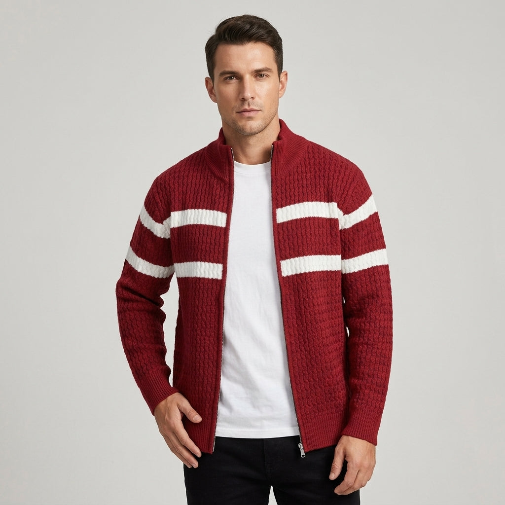 Men's Striped Textured Knit Full Zip Cardigan
