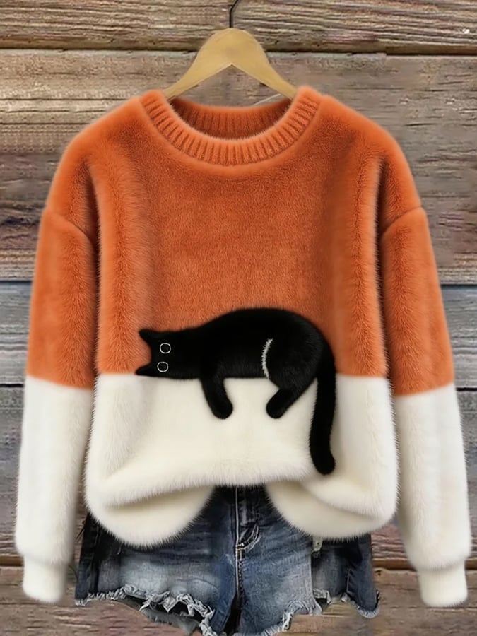 Women's Cat Motif Crewneck Pullover Sweater