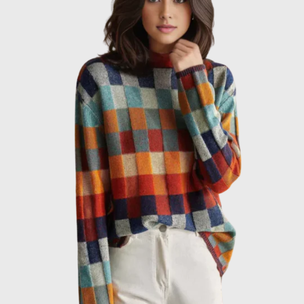 Women's Checkered Mock Neck Knit Sweater