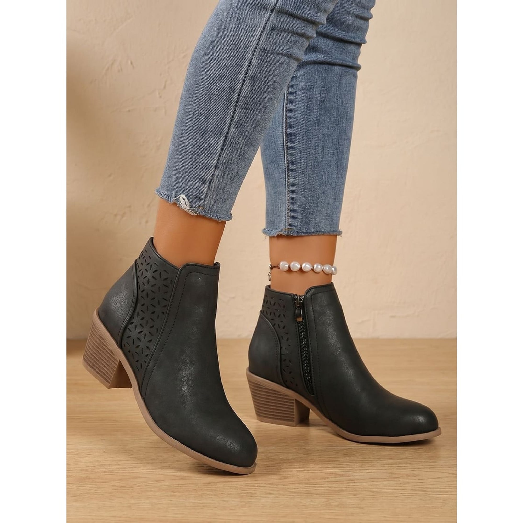 Women's Cutout Block Heel Ankle Boots