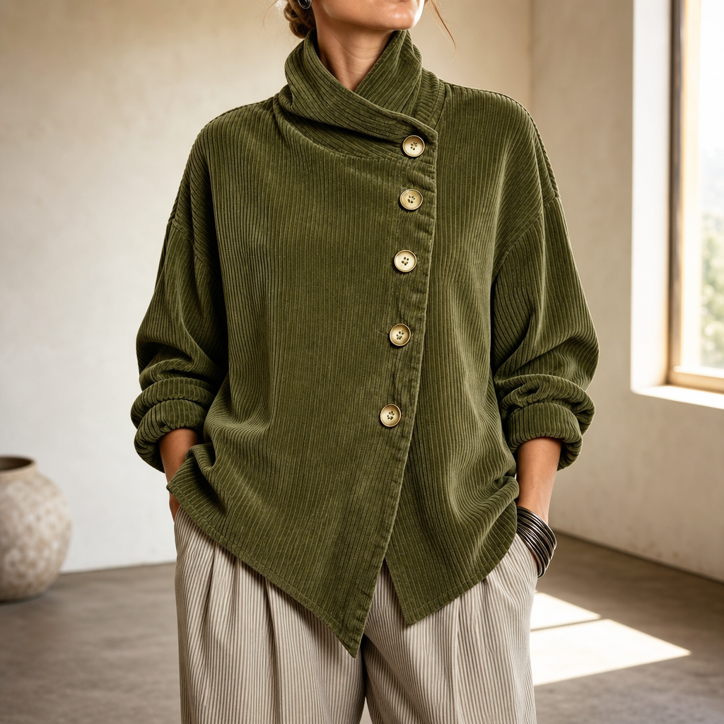 Women's Funnel Neck Asymmetric Button Corduroy Top