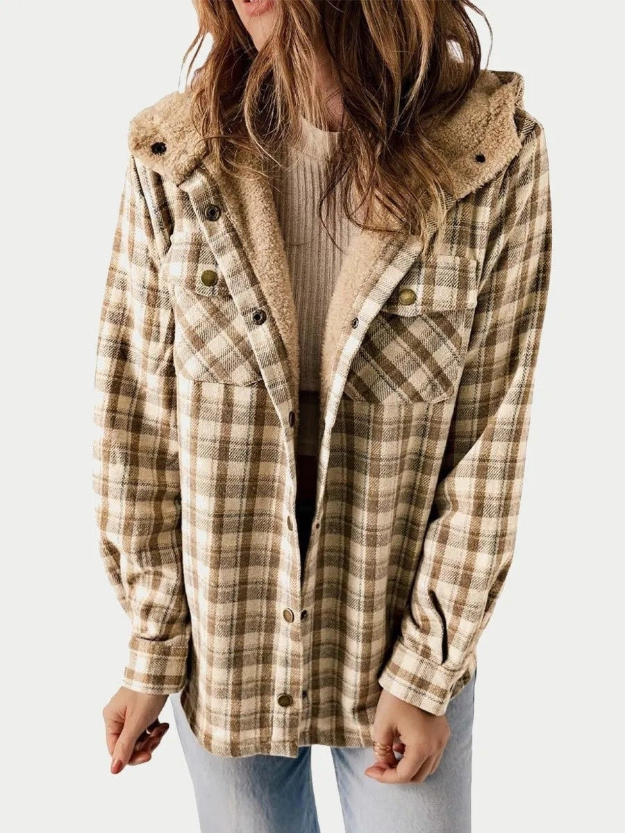 Women's Hooded Plaid Sherpa Lined Shacket