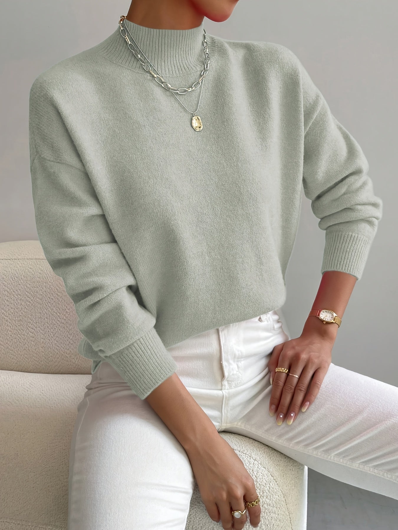 Women's Mock Neck Drop Shoulder Knit Sweater