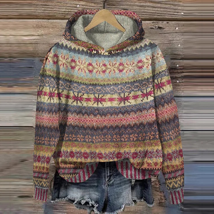 Women's Patterned Knit Hooded Pullover Sweater