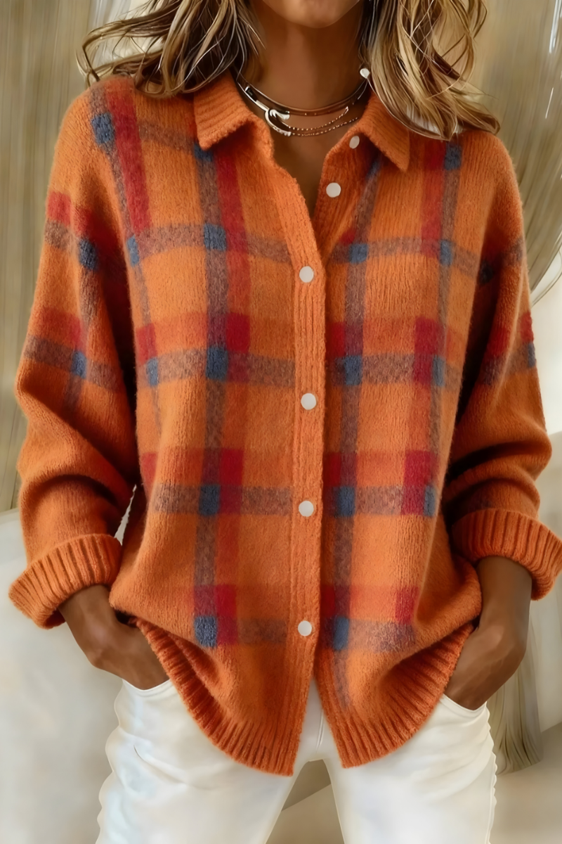 Women's Plaid Collared Knit Button Cardigan