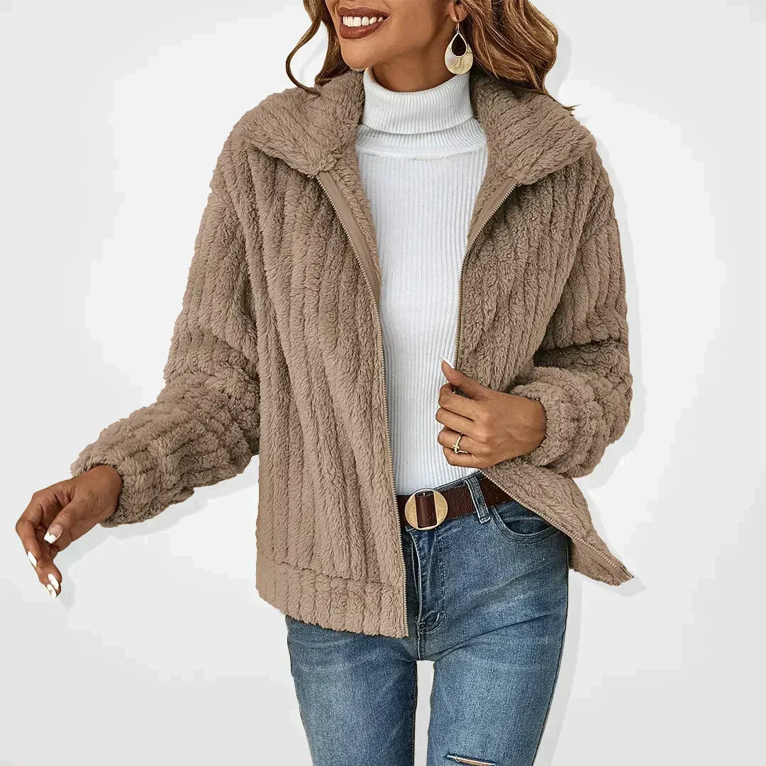 Women's Plush Fleece Zip-Up Collared Jacket