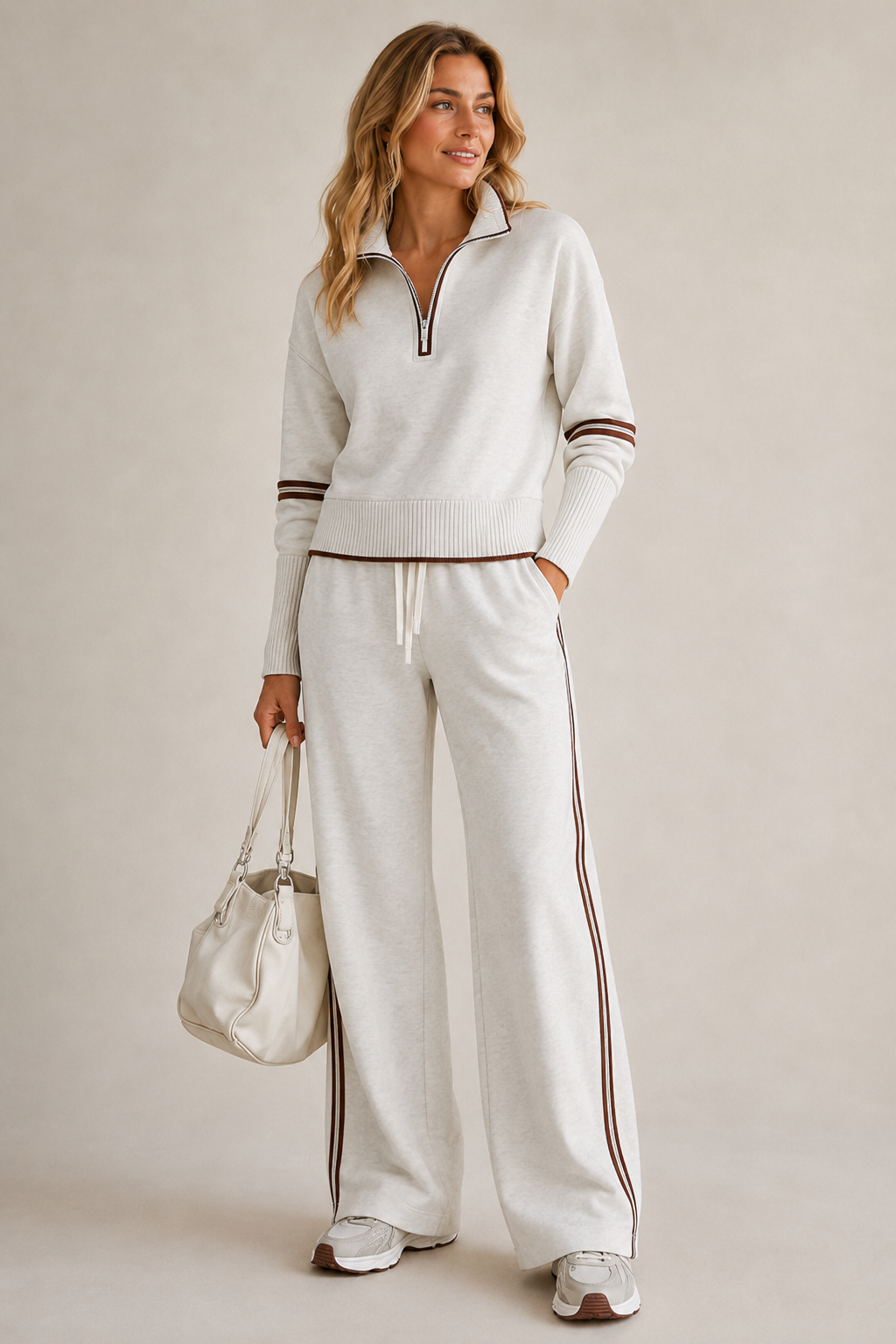 Women's Quarter-Zip Knit Wide-Leg Lounge Set