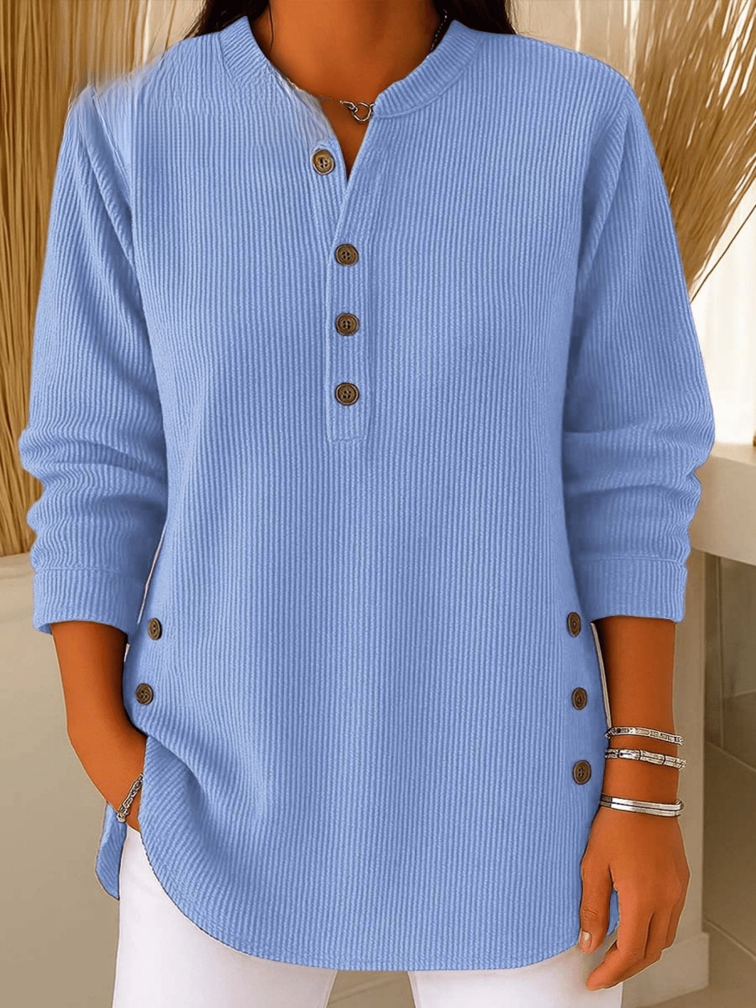 Women's Ribbed Henley Longline Tunic Top