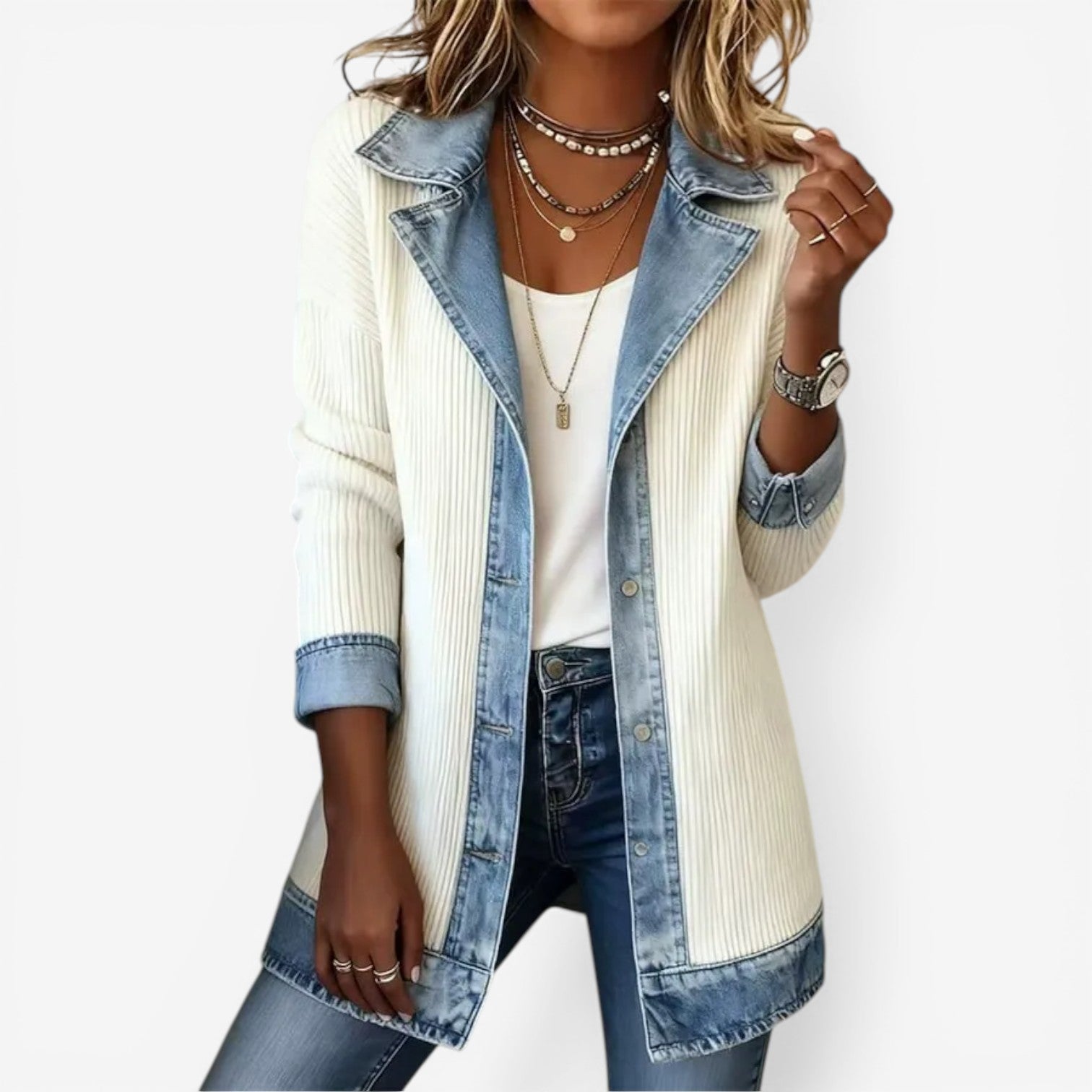 Women's Ribbed Knit Denim Trim Jacket