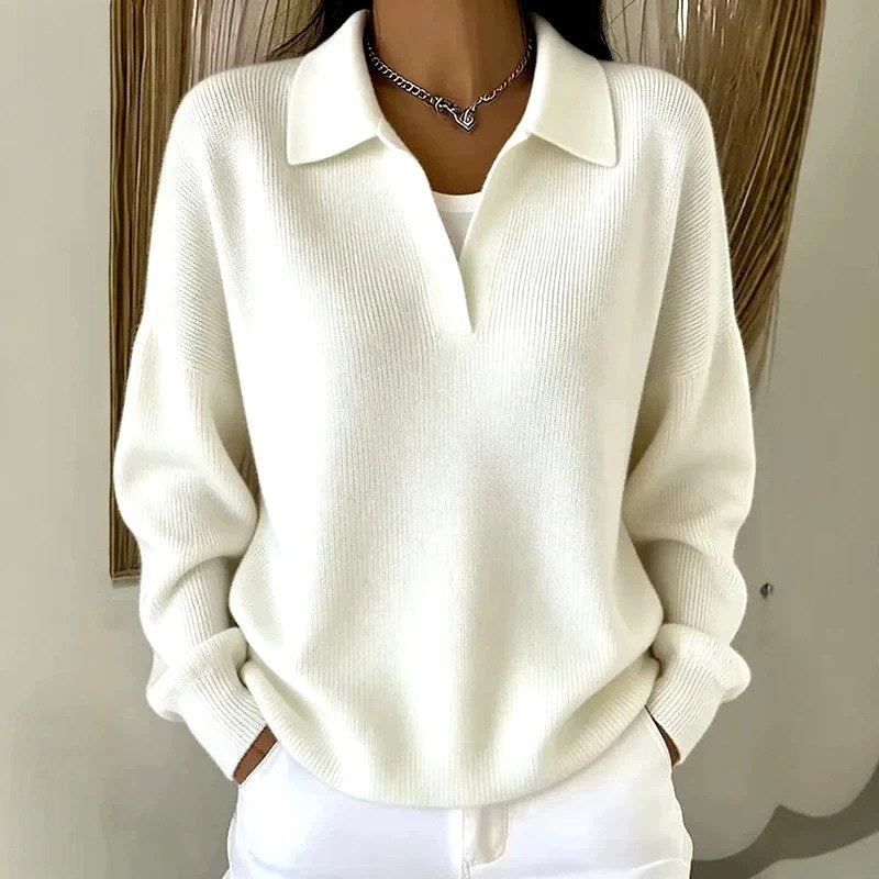 Women's Ribbed Polo Collar Relaxed Sweater