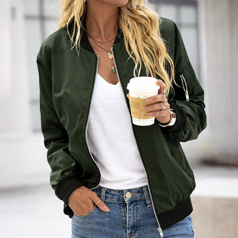 Women's Ribbed Trim Zip-Up Bomber Jacket