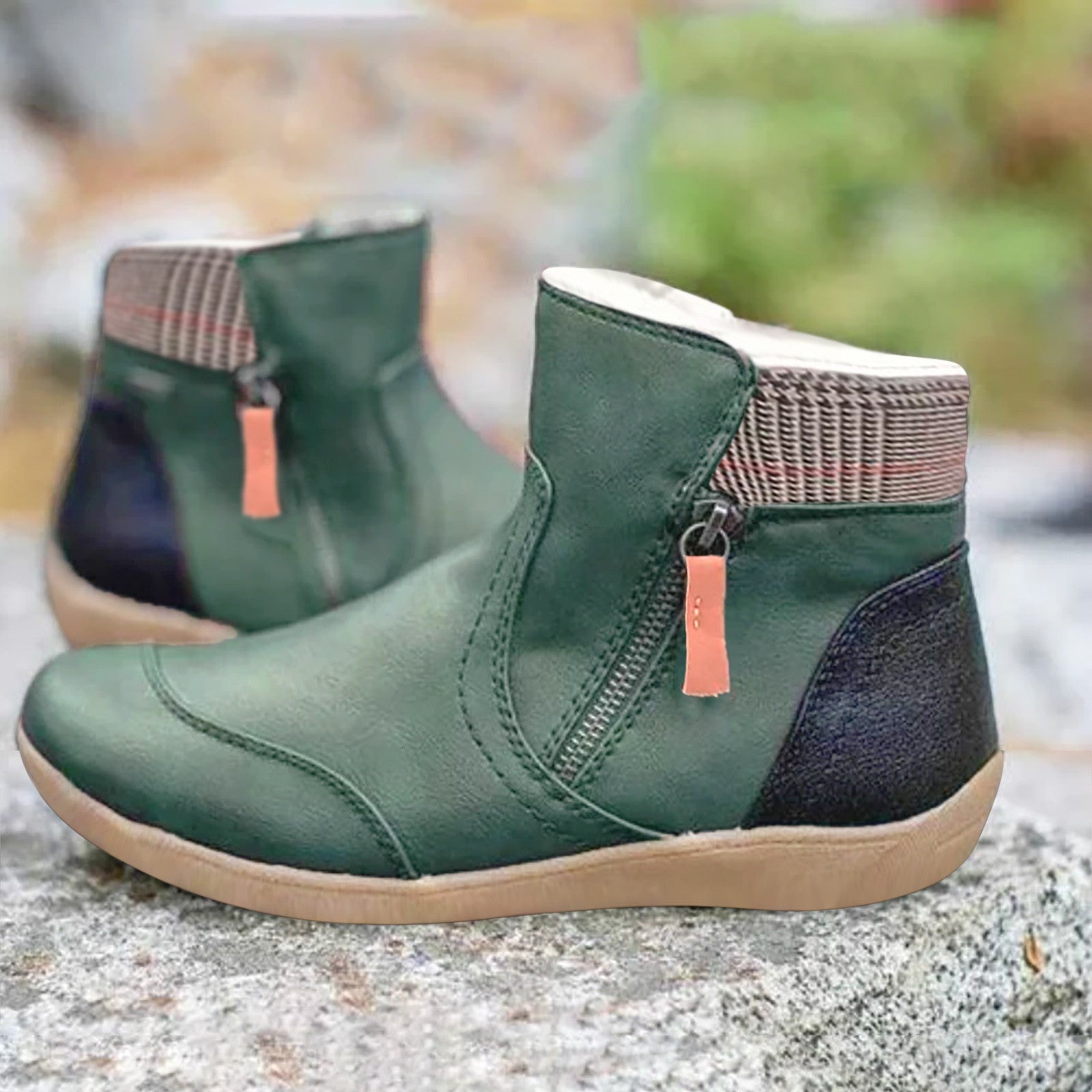 Women's Side Zip Checked Collar Ankle Boots