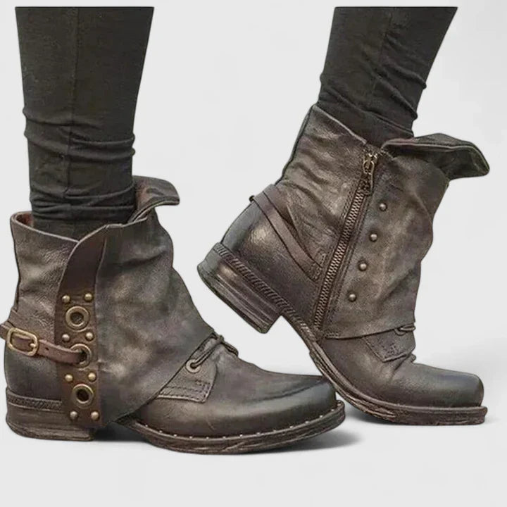 Women's Studded Buckle Fold-Over Ankle Boots