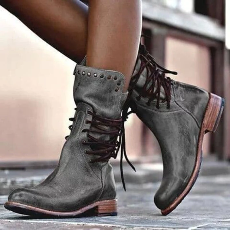 Women's Studded Lace-Up Mid-Calf Faux Leather Boots