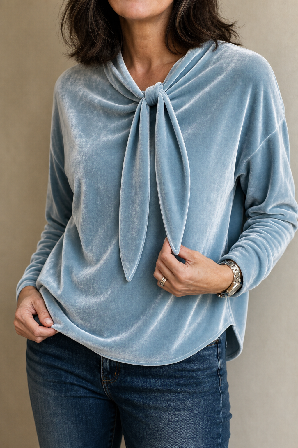 Women's Velvet Tie-Neck Relaxed Blouse